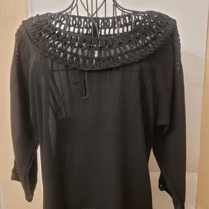Black Soft Top w/ Crochet Neck Accent Pullover